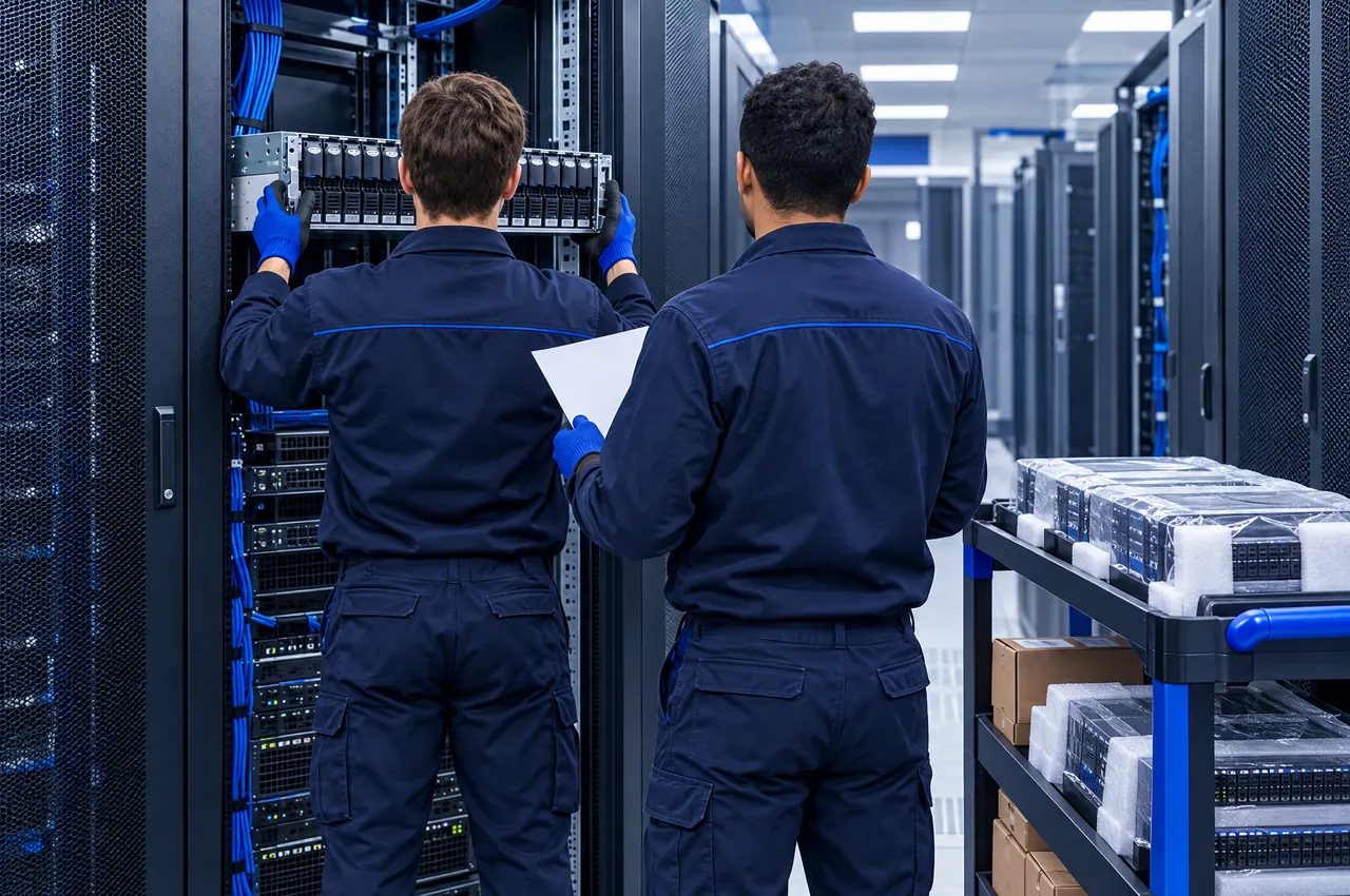 Two technicians in navy uniforms installing a server in a data center rack, with a cart of packed equipment beside them